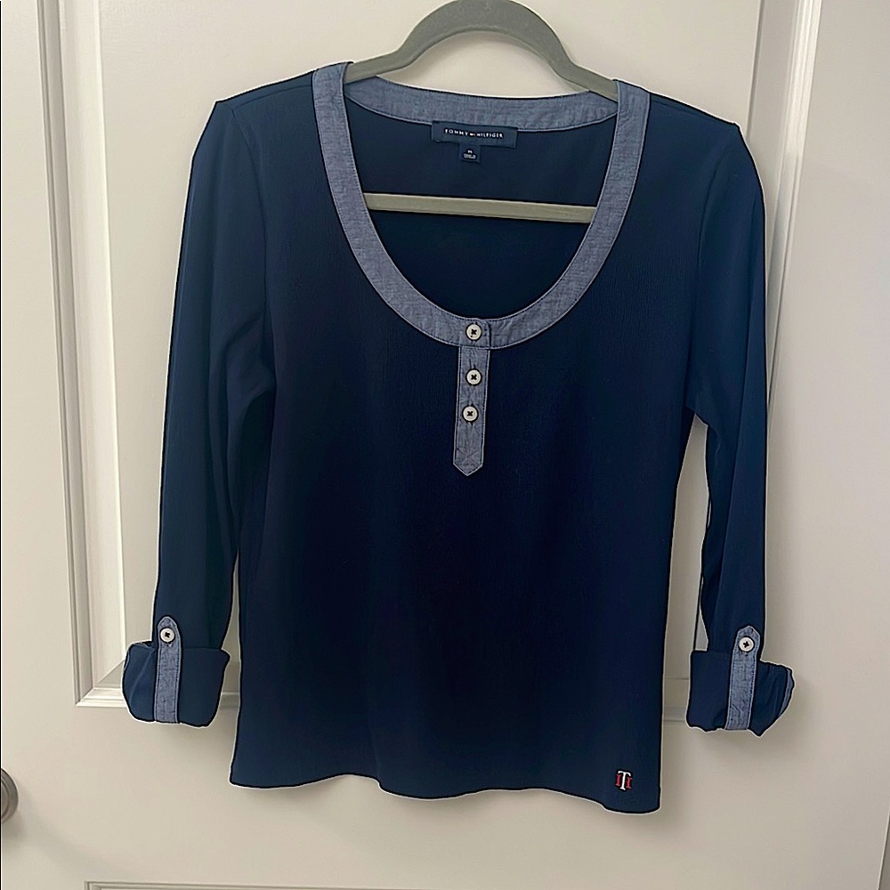 Tommy Hilfiger knit Navy Blue Women's Top with Button Detail/ round neckline
